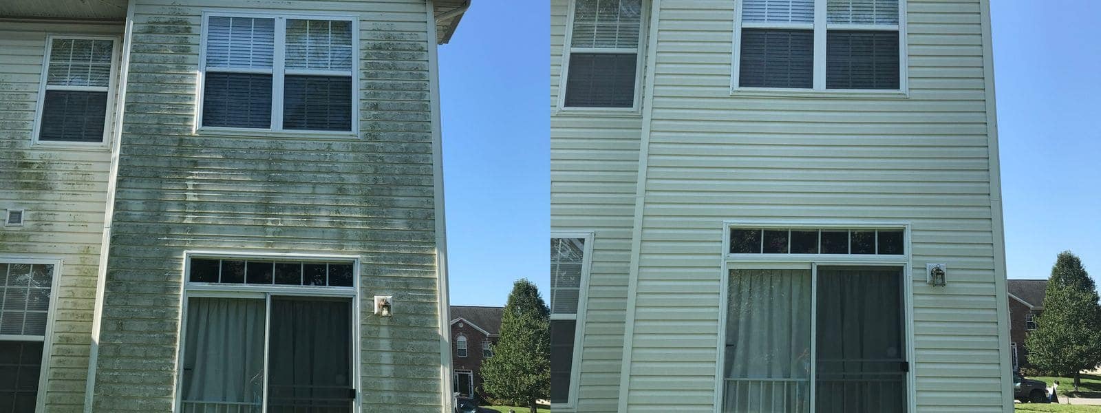 Before and after cleaning of exterior siding, grime removed to reveal a clean surface ready for paint