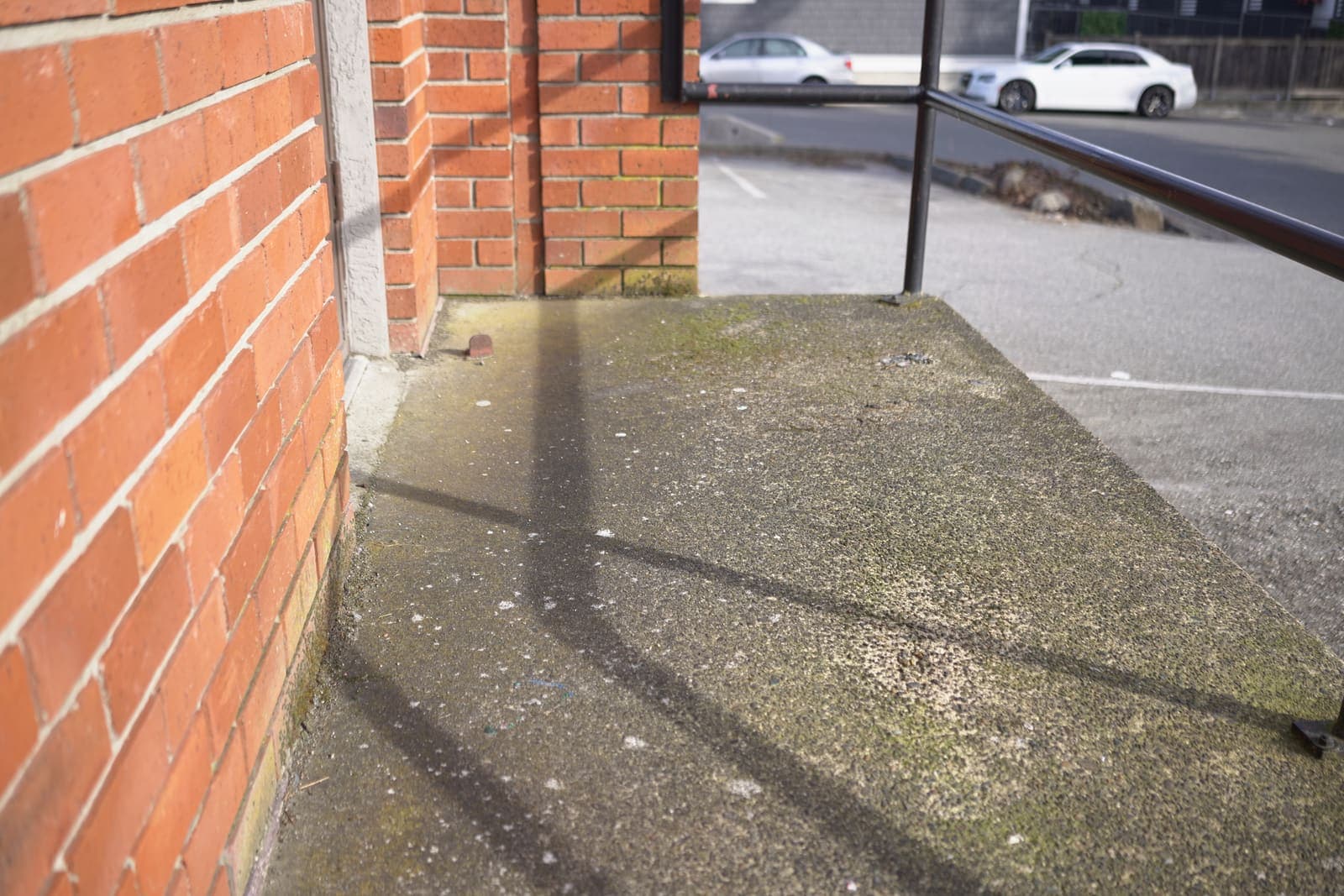 Algae staining on a commercial concrete curb before cleaning