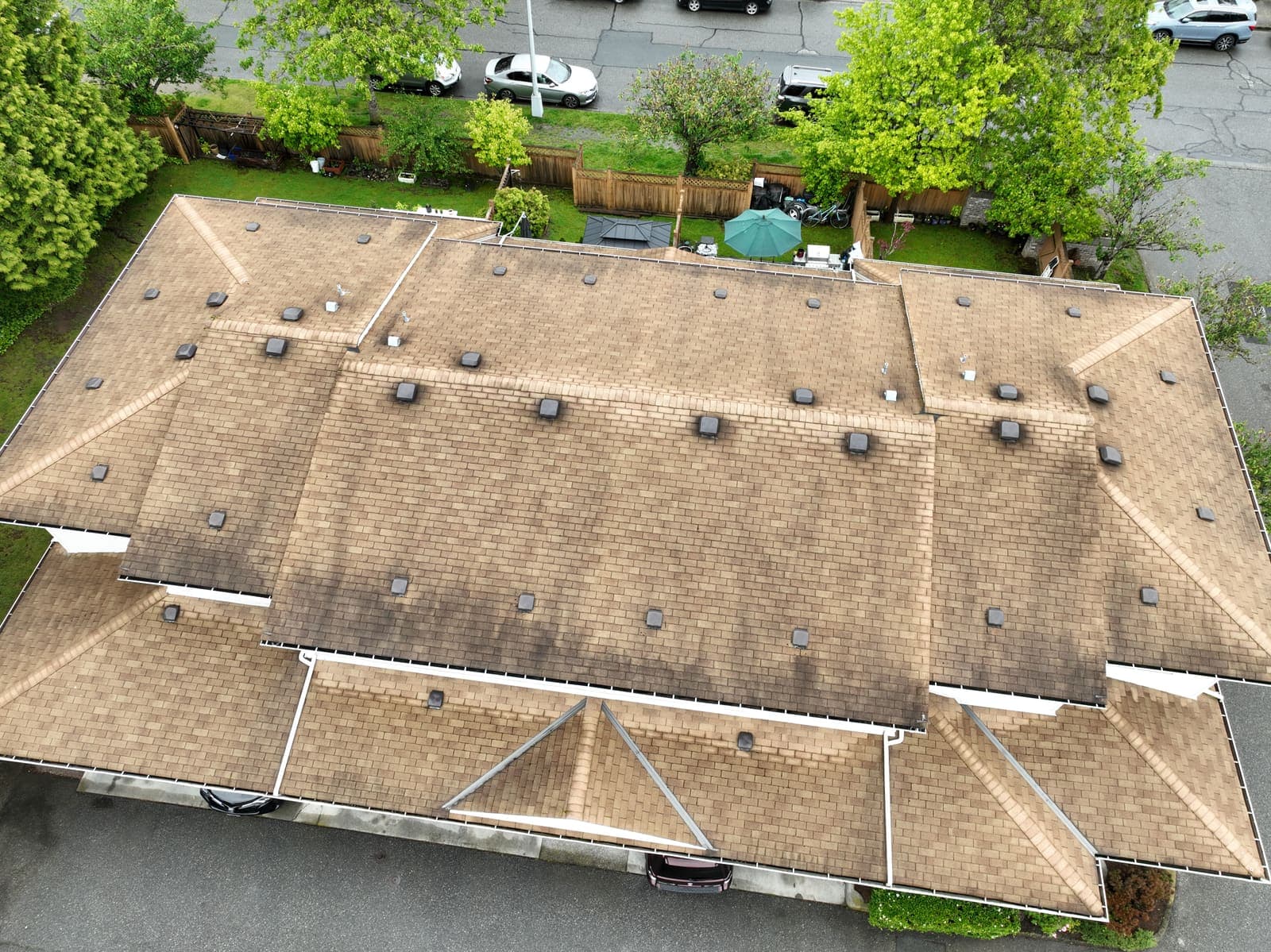 Drone view of a strata townhouse roof covered in moss before cleaning