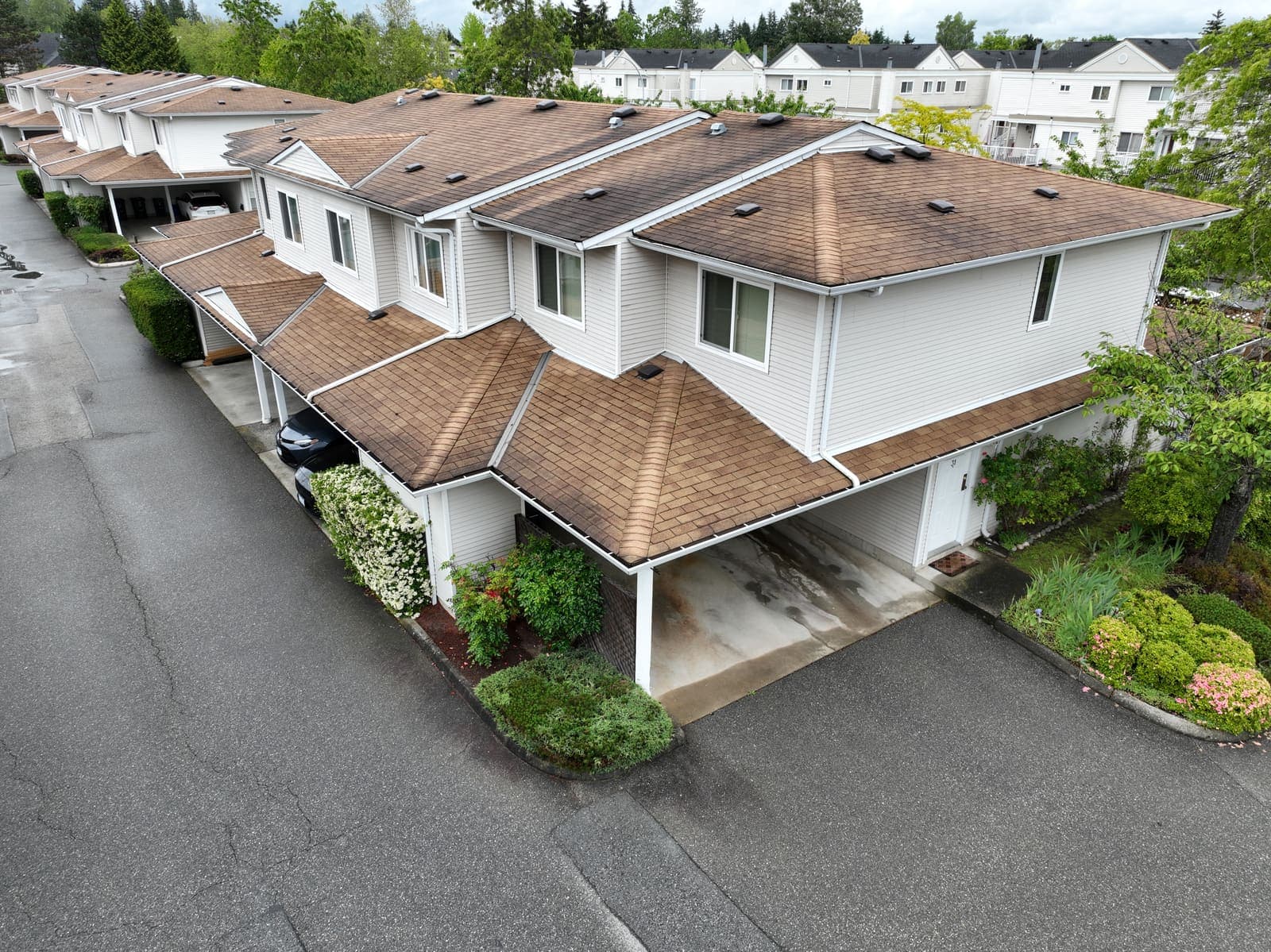 Drone overview of a townhouse block and its rooflines