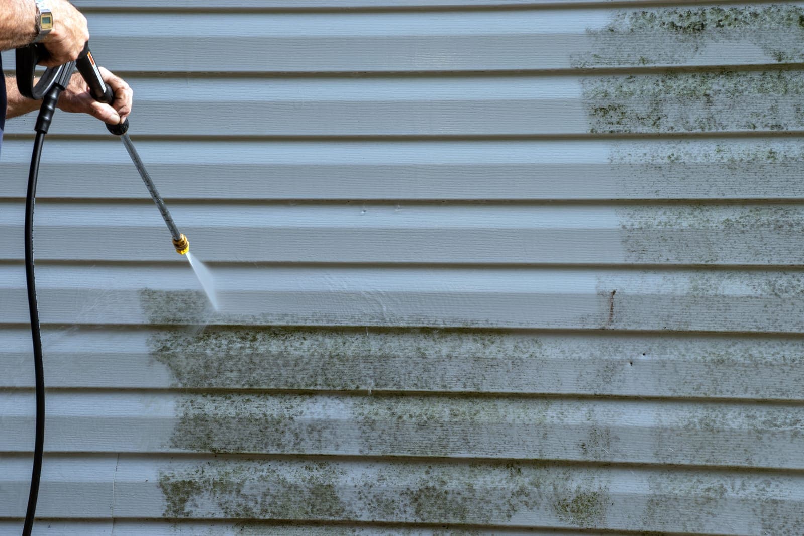 Soft washing algae from the siding of a home in a damp valley setting