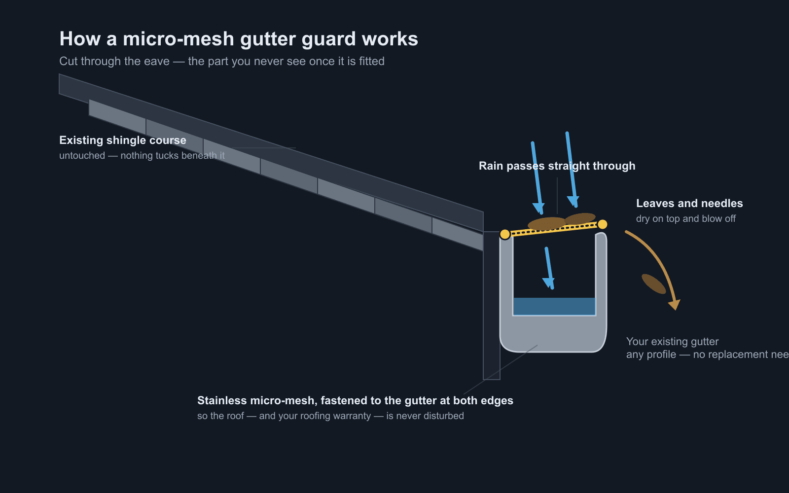 Cut-through diagram of a micro-mesh gutter guard fitted to an existing gutter: rain passes through the stainless mesh into the trough while leaves and needles dry on top and shed off the outer edge