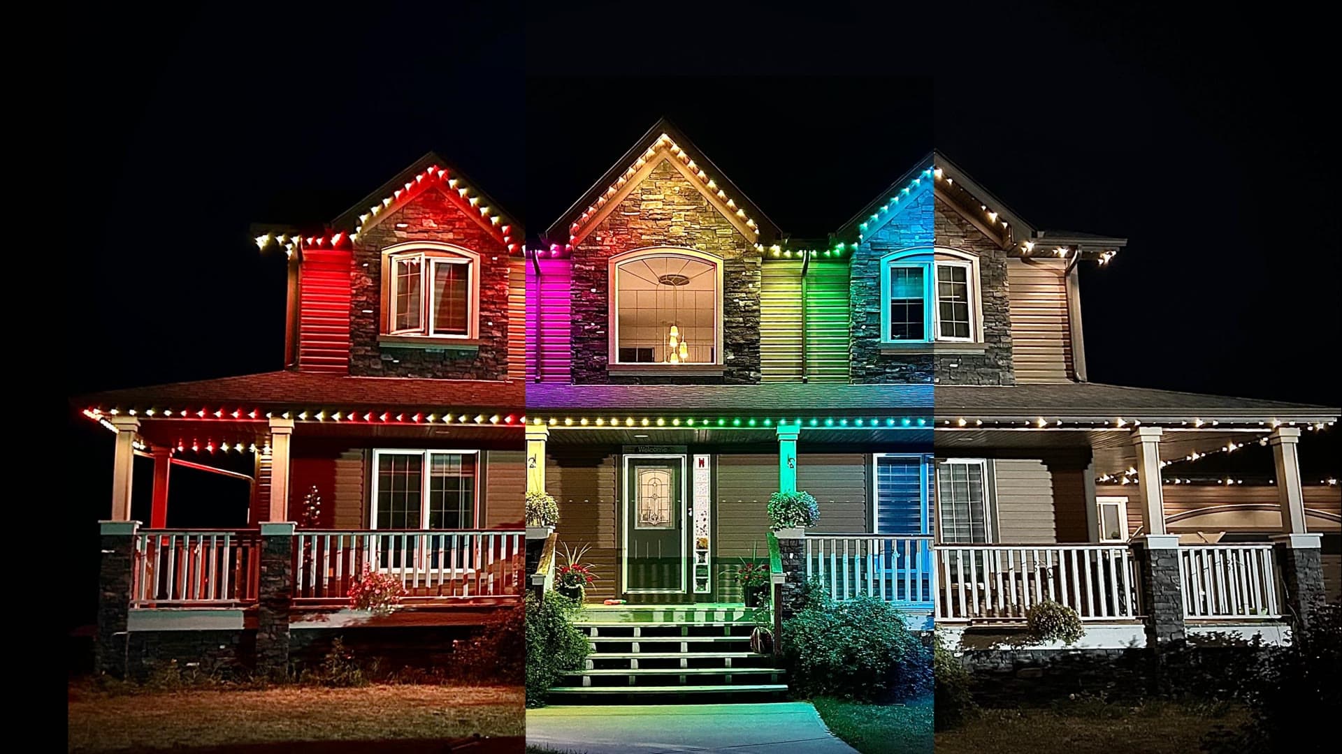 The same house shown in three permanent-light scenes: red and white, full rainbow colour, and classic warm white