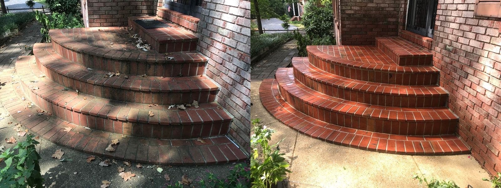 Before and after cleaning of curved brick front steps, moss and debris removed