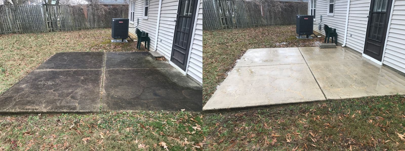 Before and after pressure washing a blackened concrete patio, restored to bright clean concrete