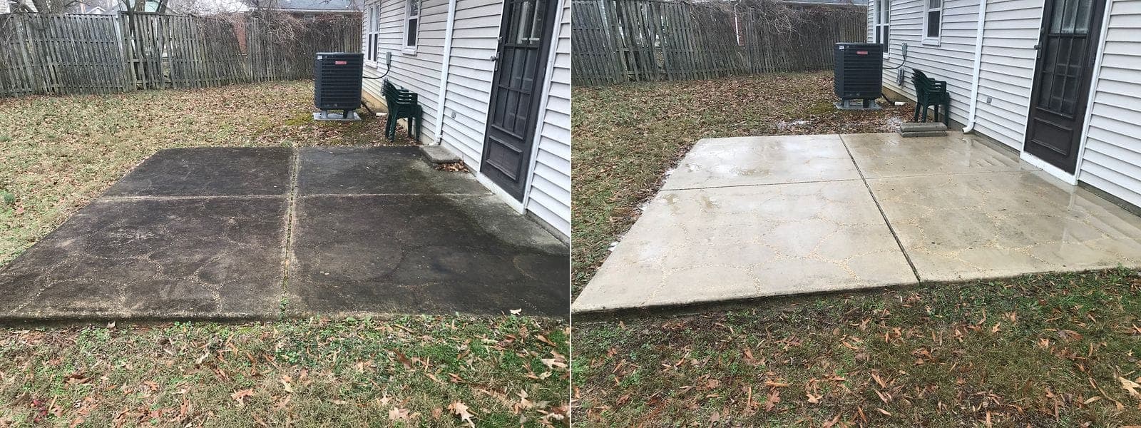 Before and after pressure washing a black, algae-covered concrete patio slab back to clean grey concrete