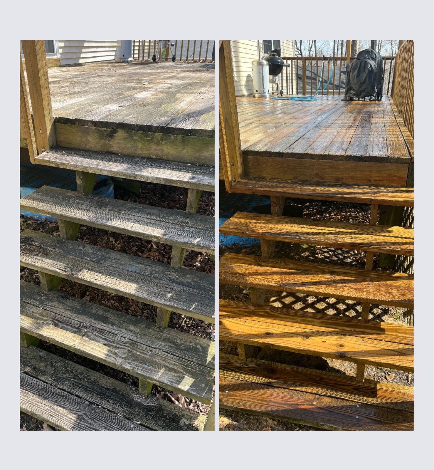 Before and after deck stairs restoration, grey weathered steps returned to golden wood