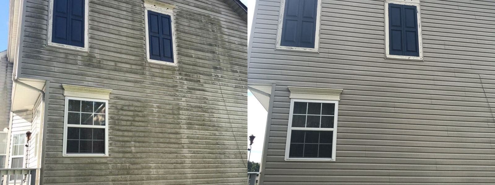 Before and after soft washing a stained siding gable, mildew removed