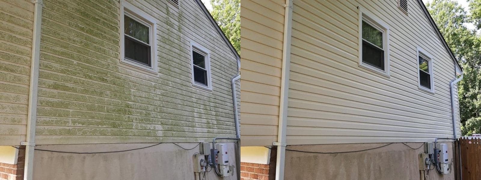 Before and after soft washing heavy green algae from two-storey house siding