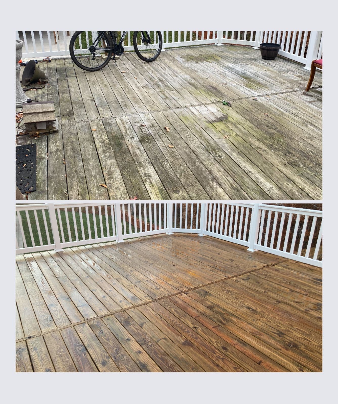 Before and after wood deck restoration showing grey boards cleaned back to natural colour