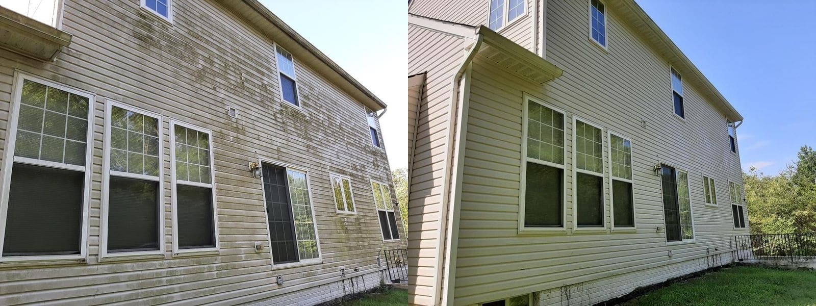 Before and after house washing a two-storey home with heavily stained siding