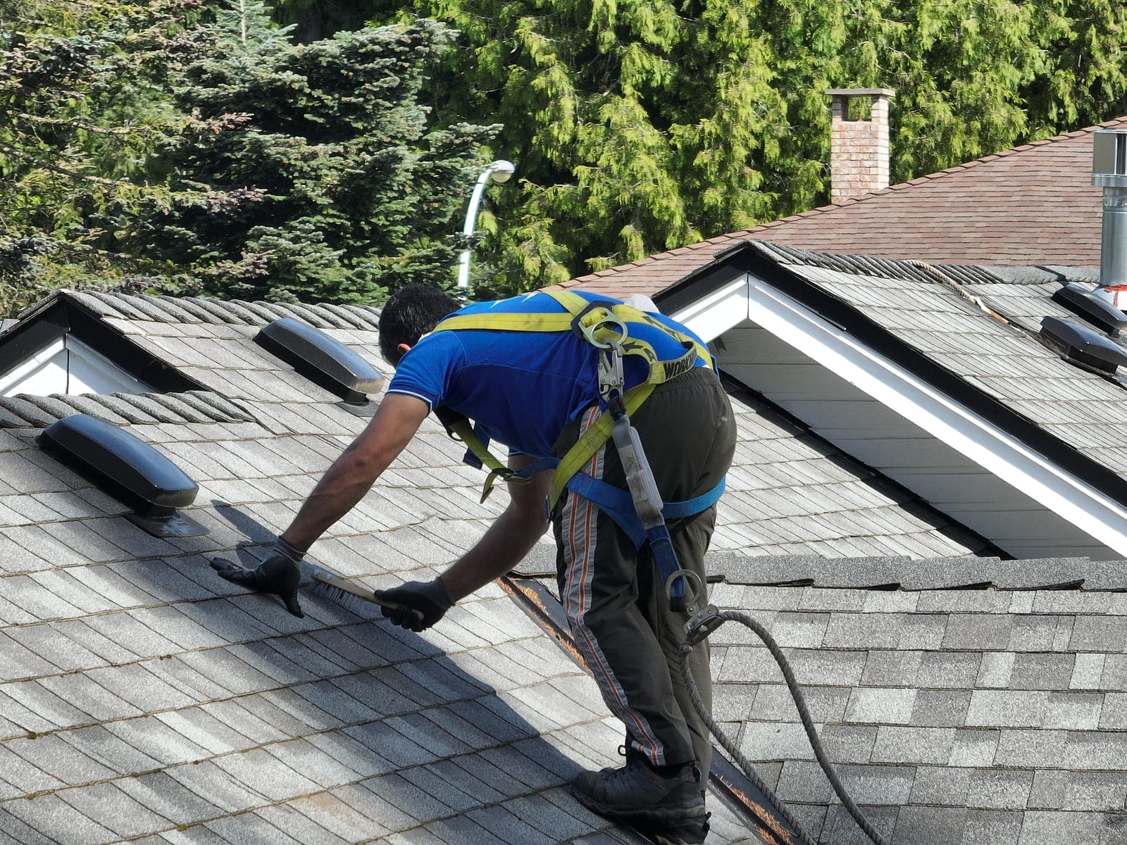 Splash N Shine technician brushing moss and debris off asphalt shingles by hand with a soft brush