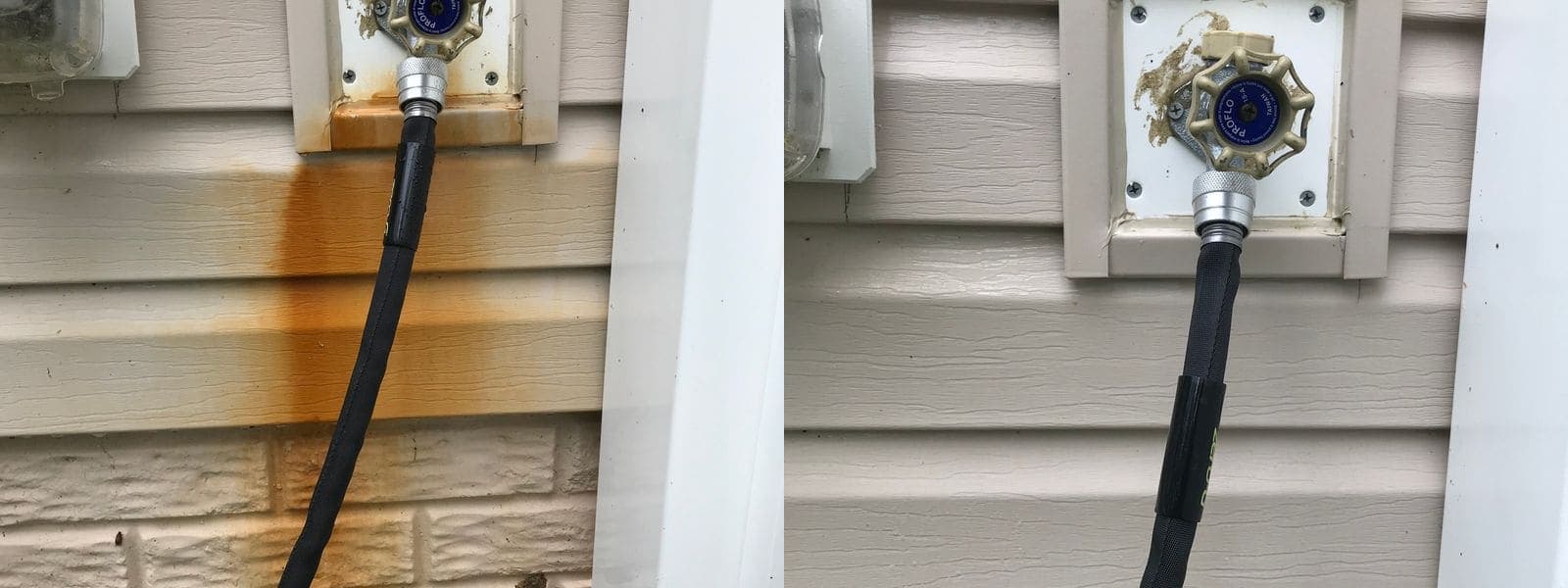 Before and after rust stain removal from siding around an outdoor spigot