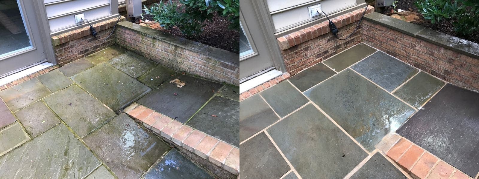 Before and after pressure washing a slate stone patio, algae removed to reveal stone colour