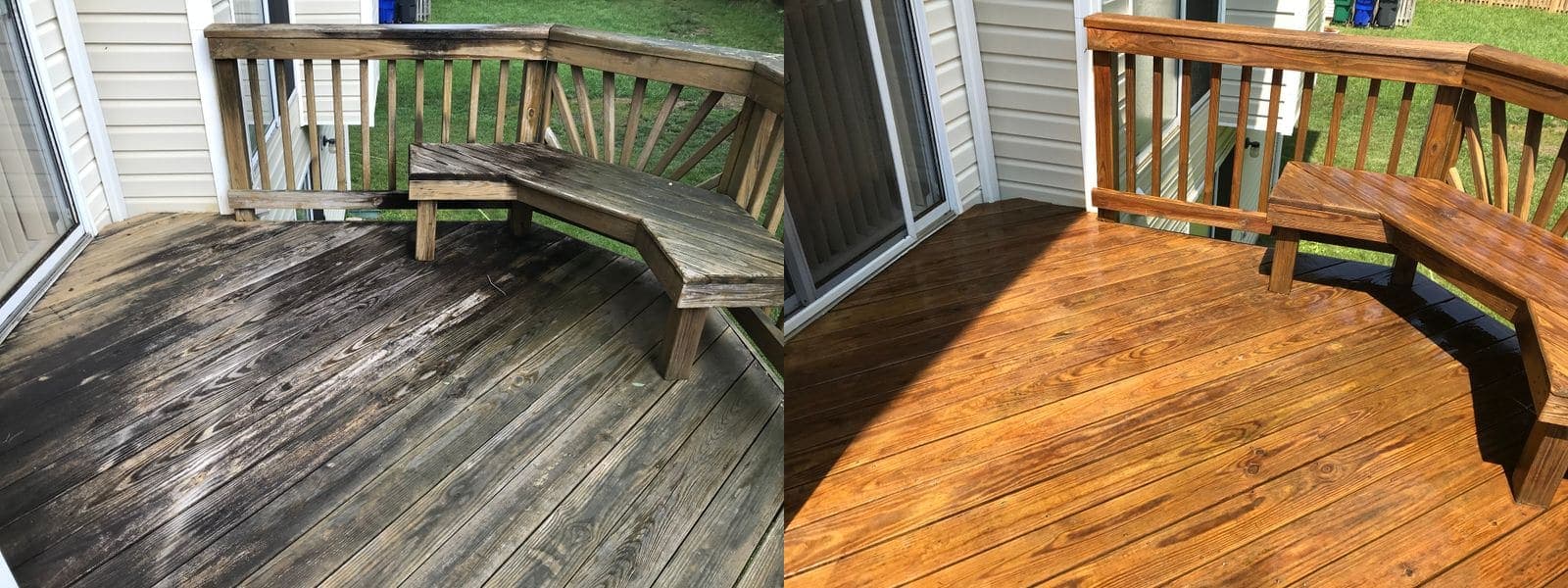 Before and after deck cleaning: grey weathered wood deck restored to warm natural timber