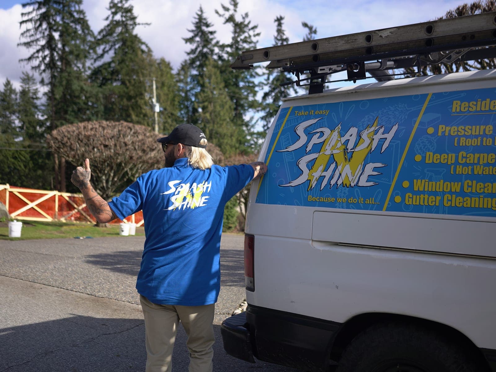 Splash N Shine service van showing the full list of residential and commercial cleaning services offered
