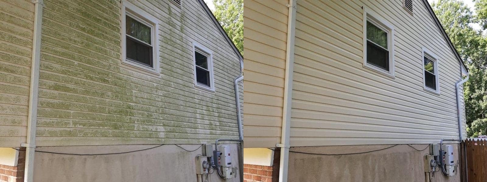 Before and after soft washing heavy green algae from two-storey house siding